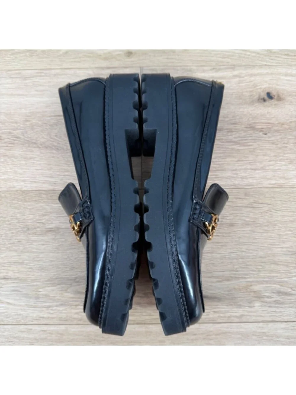 Circus Sam Edelman Ella Lug Sole Loafer Shoe Size 10 Black Patent Gold Platform